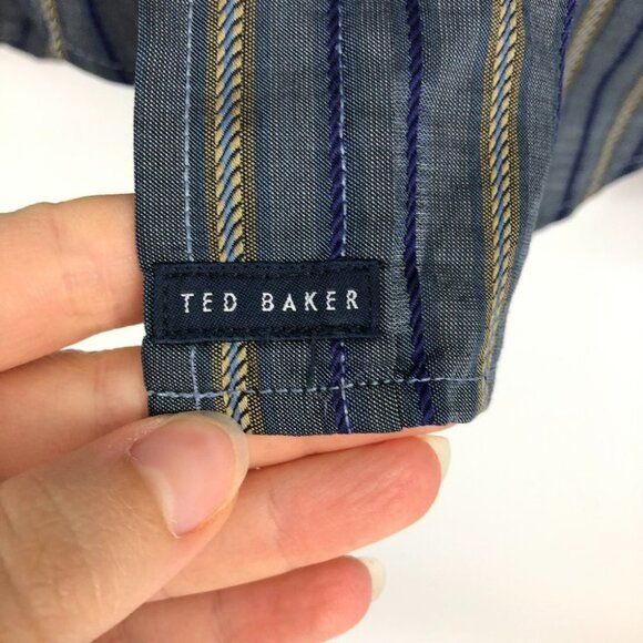 Ted Baker London vertical stripe navy and tan button down dress shirt cotton XL - Picture 13 of 15